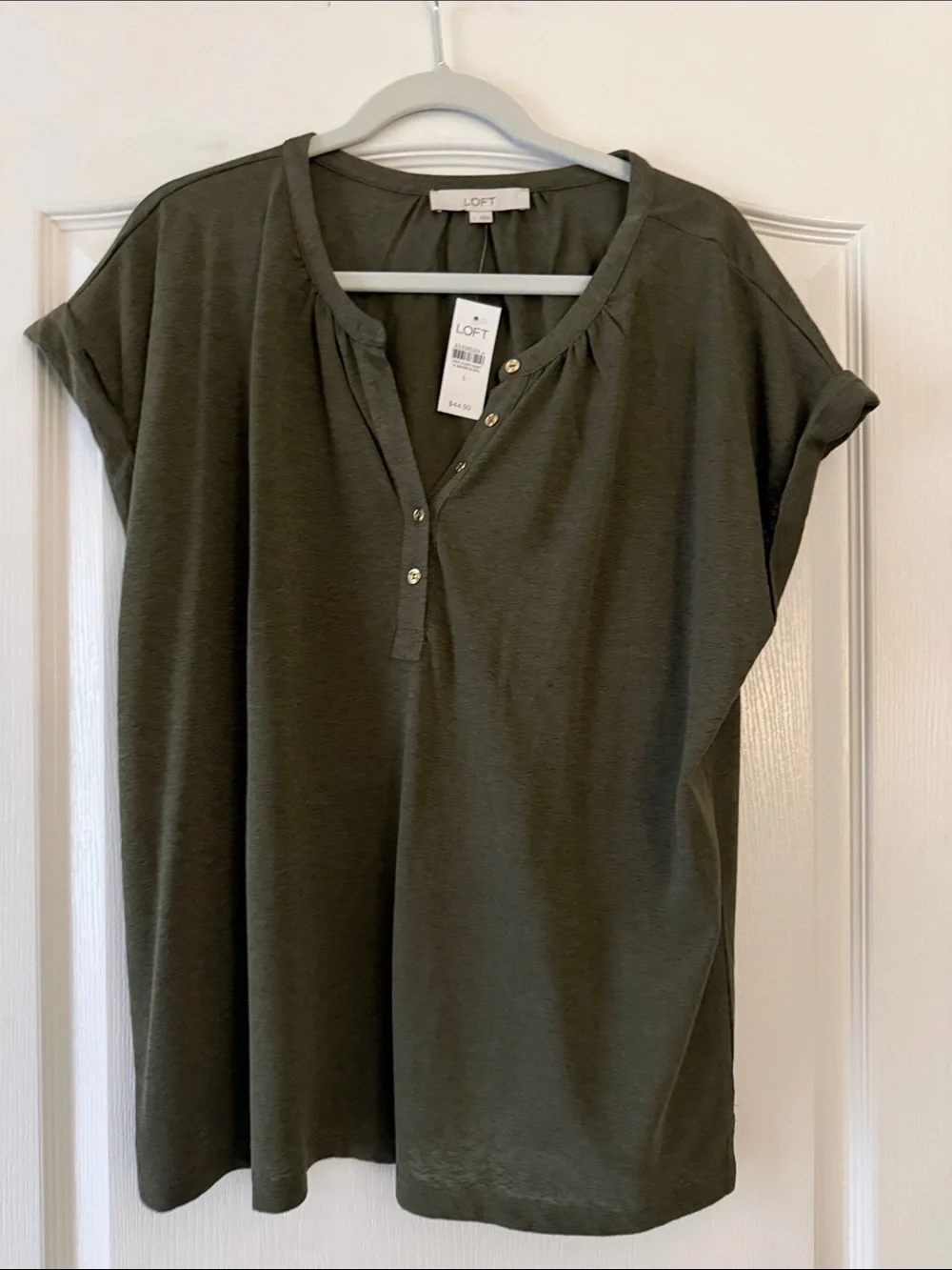 LOFT Olive Short Sleeve Henley Top with Snap Placket - Picture 1 of 2